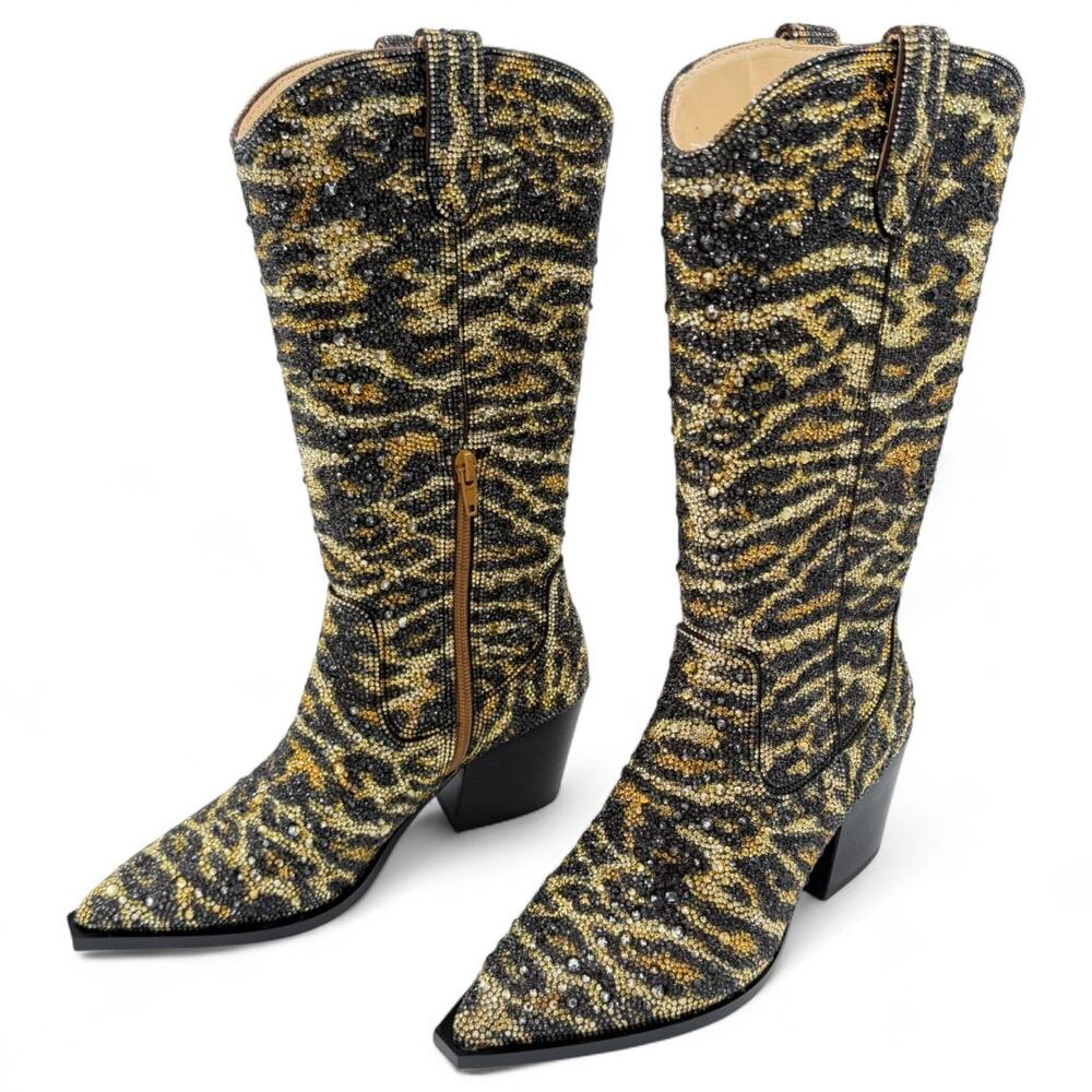 Blue by Betsey Johnson Gold and Black Rhinestone Tiger-Print Cowboy Boots